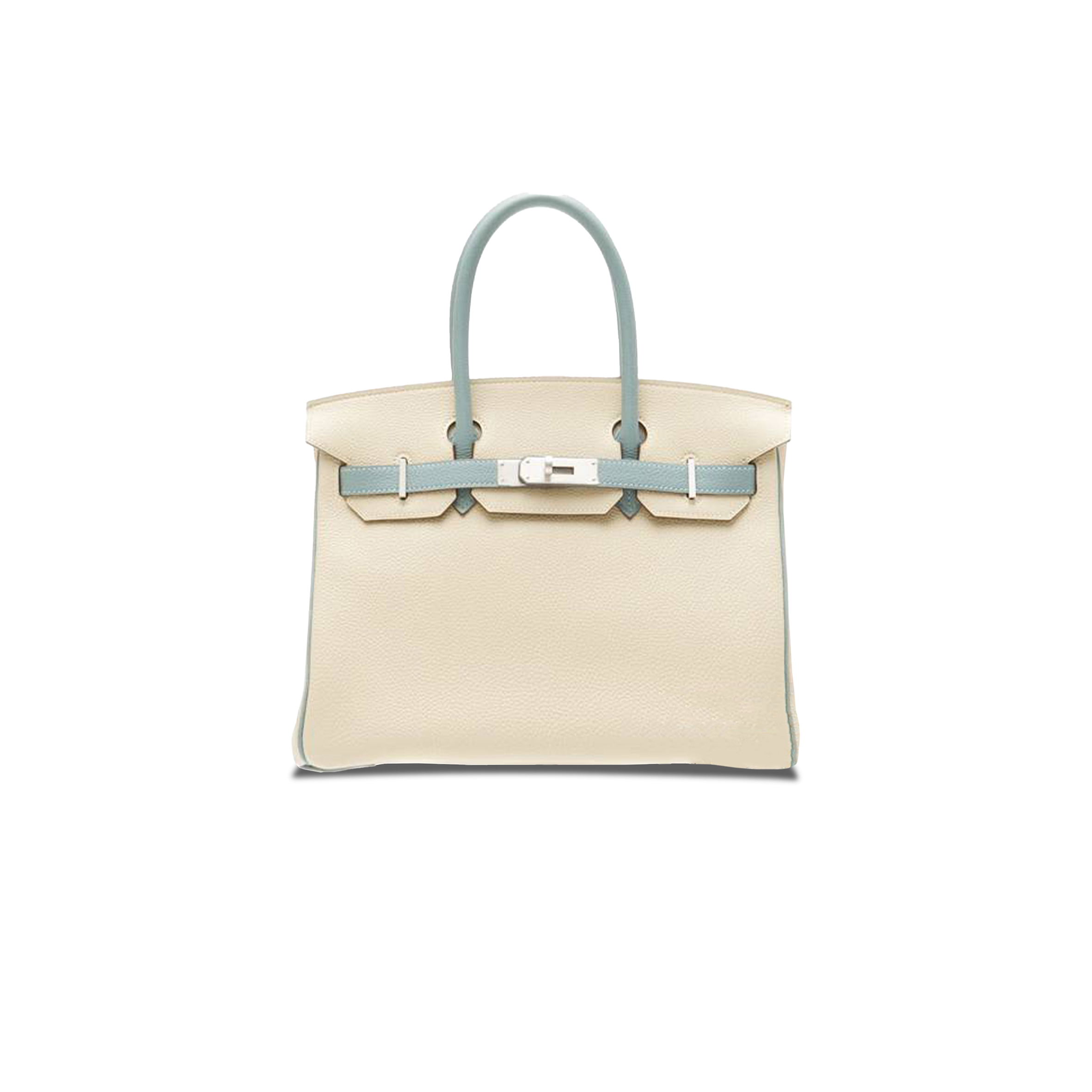 HERMÈS BIRKIN 25 CHEVRE LEATHER CREAM WHITE AND HAZE BLUE WITH SILVER BUCKLE BAG H028361CC71 (25*20*13cm)